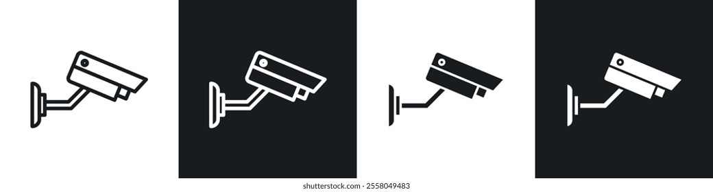 Security camera icons pack in black and white filled and outlined versions.