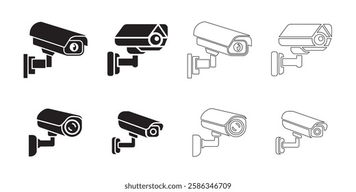 Security Camera icons set simple clean and smooth Solid and Outline Styles vector icons in black on a white background.
