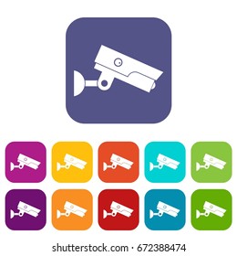Security camera icons set vector illustration in flat style In colors red, blue, green and other
