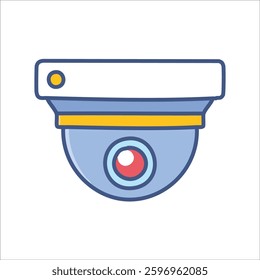 Security camera illustration in blue, yellow, and white. Features a lens and a sleek, modern design