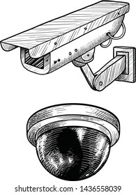 Security camera illustration, drawing, engraving, ink, line art, vector