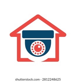 Security camera inside a house icon with red outline and blue lens