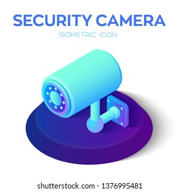 Security camera isometric icon. 3D CCTV Camera icon. Security Surveillance CCTV Camera Watch. Video surveillance. Security equipment and security guard. Vector llustration.