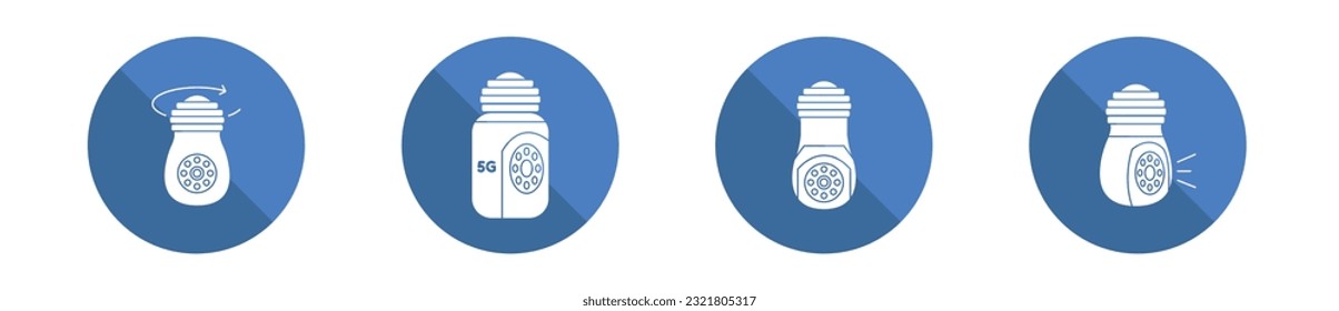 Cámara de seguridad conjunto de iconos circulares de dibujos animados modernos, concepto de cámara de bombilla, iconos de seguridad de vigilancia, emblemas intercom, símbolos de cámara de vídeo aislados en fondo blanco