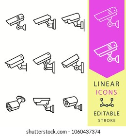 Security camera - outline black icon. Editable stroke. Vector illustration