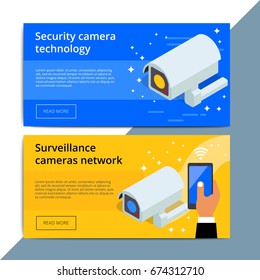Security camera promo web banner ad. Video surveillance equipment promotion advertisement layout. CCTV device with wireless technology.