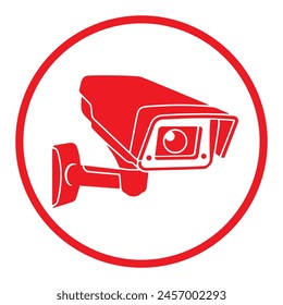 Security camera red icon, video surveillance, cctv sign. Surveillance camera,monitoring, safety home protection system. Fixed CCTV, Security Camera Icon Vector Template Illustration Design.