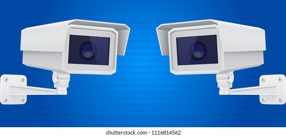 Security camera set. CCTV surveillance system on blue background. Vector 3d illustration