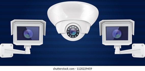 Security camera set. Wall and ceiling mount CCTV surveillance system on blue background. Front view. Vector 3d illustration