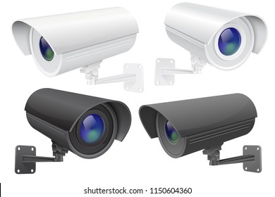 Security camera set. White and black CCTV surveillance system. Vector 3d illustration isolated on white background