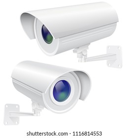 Security camera set. White CCTV surveillance system. Vector 3d illustration isolated on white background