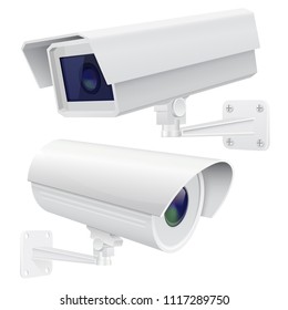 Security camera set. White CCTV surveillance system. Vector 3d illustration isolated on white background