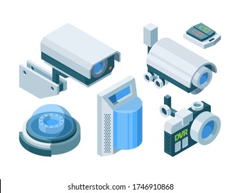 Sicherheitskamera smart isometrischer Satz. Elektronische moderne Sicherheits-Home-Office-Schalter sperren Straßenkuppelkameras ptz, automatisierte Überwachung Smart Protection-Technologie. Vektor isometrisch.