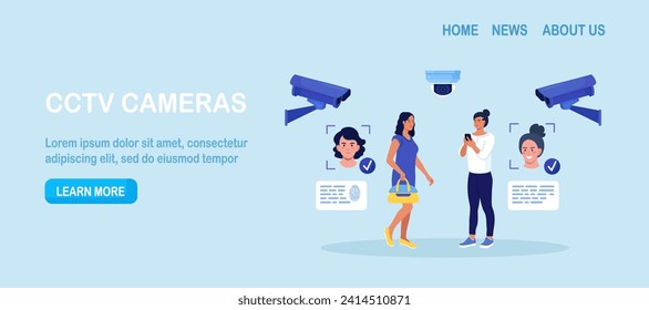 Security camera technology. Biometric facial recognition. Personal security control authentication. Video surveillance and CCTV cameras provide safety