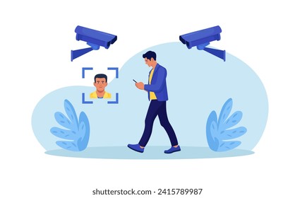 Security camera technology. Biometric facial recognition. Personal security control authentication. Video surveillance and CCTV cameras provide safety