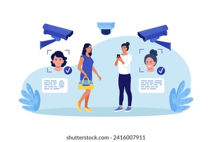 Security camera technology. Biometric facial recognition. Personal security control authentication. Video surveillance and CCTV cameras provide safety