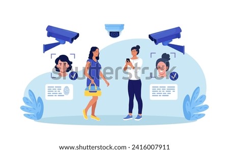 Security camera technology. Biometric facial recognition. Personal security control authentication. Video surveillance and CCTV cameras provide safety