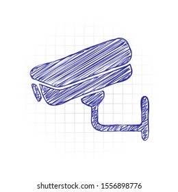 Security camera. Technology icon. Hand drawn sketched picture with scribble fill. Blue ink. Doodle on white background
