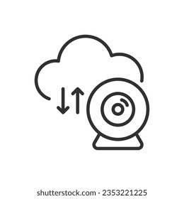 Security camera uploads data to cloud service, linear icon. Line with editable stroke