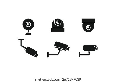 Conjunto de ícones de vetor de câmera de segurança. Símbolos modernos de vigilância CCTV, incluindo domo, bala e estilo de webcam para monitoramento, segurança, proteção, tecnologia, casa inteligente e design de sistema de segurança