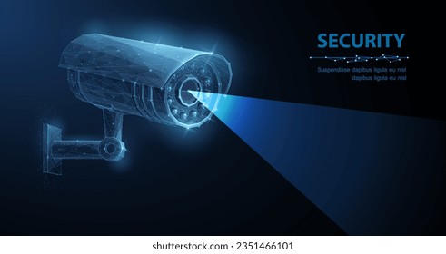 Security camera. Vector low pole illustration. Isolated on blue. Security system, smart home, cctv concept.