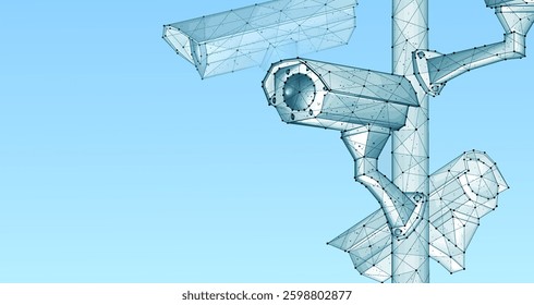 Security camera. Vector low pole illustration. Isolated on blue. Security system, smart home, cctv concept.