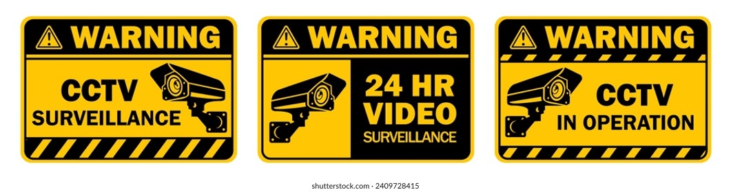 security camera video surveillance cctv sign for street home and building concept yellow warning caution sticker label object 