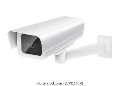 Security camera. White CCTV surveillance system. Monitoring, guard equipment, burglary or robbery prevention. Vector 3d realistic illustration isolated on white background