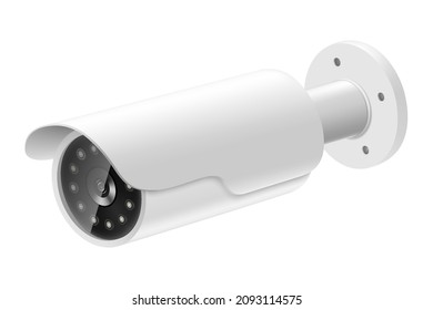 Security camera. White CCTV surveillance system. Monitoring, guard equipment, burglary or robbery prevention. Vector 3d realistic illustration isolated on white background