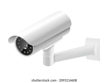 Security camera. White CCTV surveillance system. Territory or premises watching and control, safety measure, police service. Vector 3d realistic illustration isolated on white background