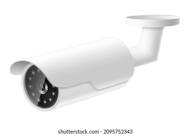 Security camera. White CCTV surveillance system. Monitoring, guard equipment, burglary or robbery prevention. Vector 3d realistic illustration isolated on white background