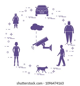 Security camera and woman, girl, men, dog, car. Protection of private property. Detection of offenses and ensuring the safety of driving.