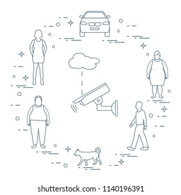 Security camera and woman, girl, men, dog, car. Protection of private property. Detection of offenses and ensuring the safety of driving.