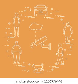 Security camera and woman, girl, men, dog, car. Protection of private property. Detection of offenses and ensuring the safety of driving.