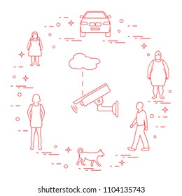 Security camera and women, girl, man, dog, car. Protection of private property. Detection of offenses and ensuring the safety of driving.