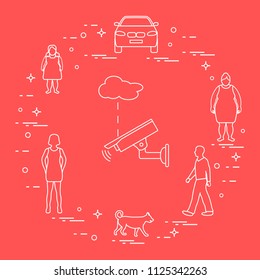 Security camera and women, girl, man, dog, car. Protection of private property. Detection of offenses and ensuring the safety of driving.