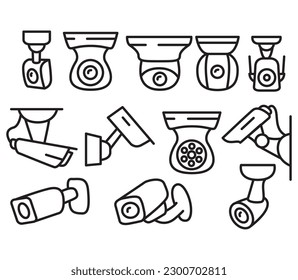 Security camera.CCTV icons.Web cam. Ip camera.Guard to watching.Monitoring and protection area.Outline vector illustration.Isolated on white background.