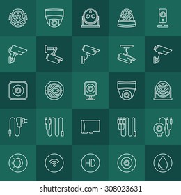 Security cameras icons set - vector video surveillance cams thin line symbols on dark green background