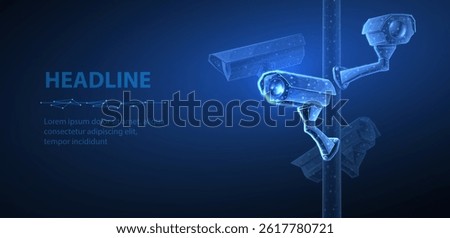 Security cameras on blue. Vector low pole illustration. Isolated on blue. Security system, smart home, cctv digital concept.