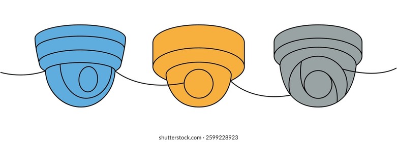 Security cameras one line colored continuous drawing. Outdoor video cameras. Vector illustration.