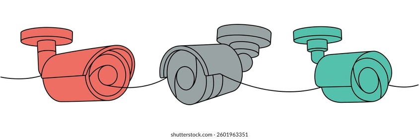 Security cameras one line colored continuous drawing. External protection system. Vector illustration.