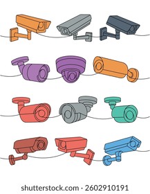 Security cameras one line colored continuous drawing. Safety home protection system. Vector illustration.