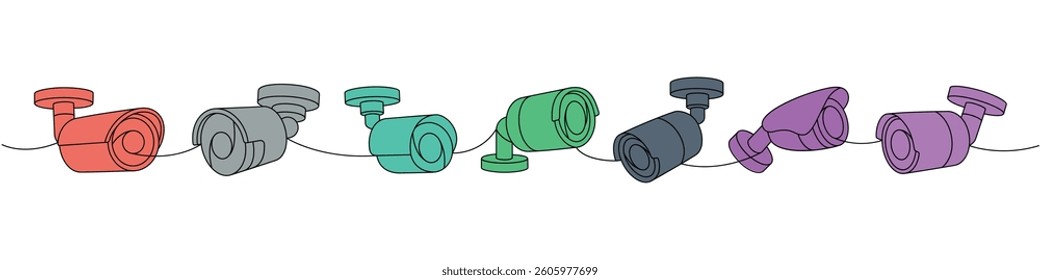 Security cameras one line colored continuous drawing. External CCTV camera. Vector illustration.