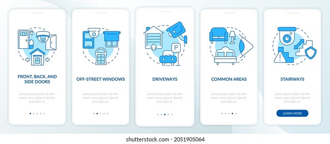 Security cameras placement blue onboarding mobile app page screen. Home protection walkthrough 5 steps graphic instructions with concepts. UI, UX, GUI vector template with linear color illustrations