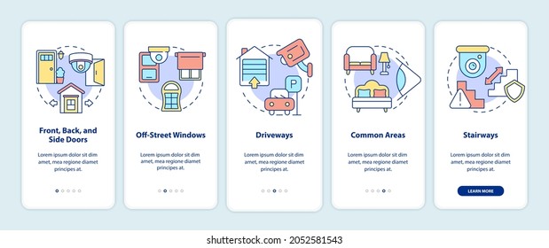 Security cameras placement onboarding mobile app page screen. Home protection walkthrough 5 steps graphic instructions with concepts. UI, UX, GUI vector template with linear color illustrations
