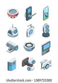 Security cameras. Smart wireless alarm home secure cctv device surveillance vector isometric pictures isolated