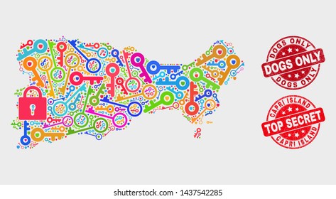 Security Capri Island map and seal stamps. Red round Top Secret and Dogs Only scratched seal stamps. Colored Capri Island map mosaic of different guard icons. Vector composition for safety purposes.