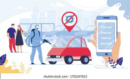 Security Car Buying, Renting via Smartphone on Covid19 Outbreak Pandemic Quarantine. Husband and Pregnant Wife Choosing Automobile. Man Disinfecting Vehicle. Human Hand Holding Mobile Phone