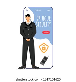 Security cartoon smartphone vector app screen. Mobile phone display with bouncer guard flat character design mockup. Protection, security company. Private safety application telephone interface