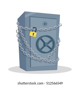 Security cash savings concept. Flat design. Protect your money idea visualization. Icon for banking, security services, safe shops. Big steel safe coiled chains illustration. On white background.